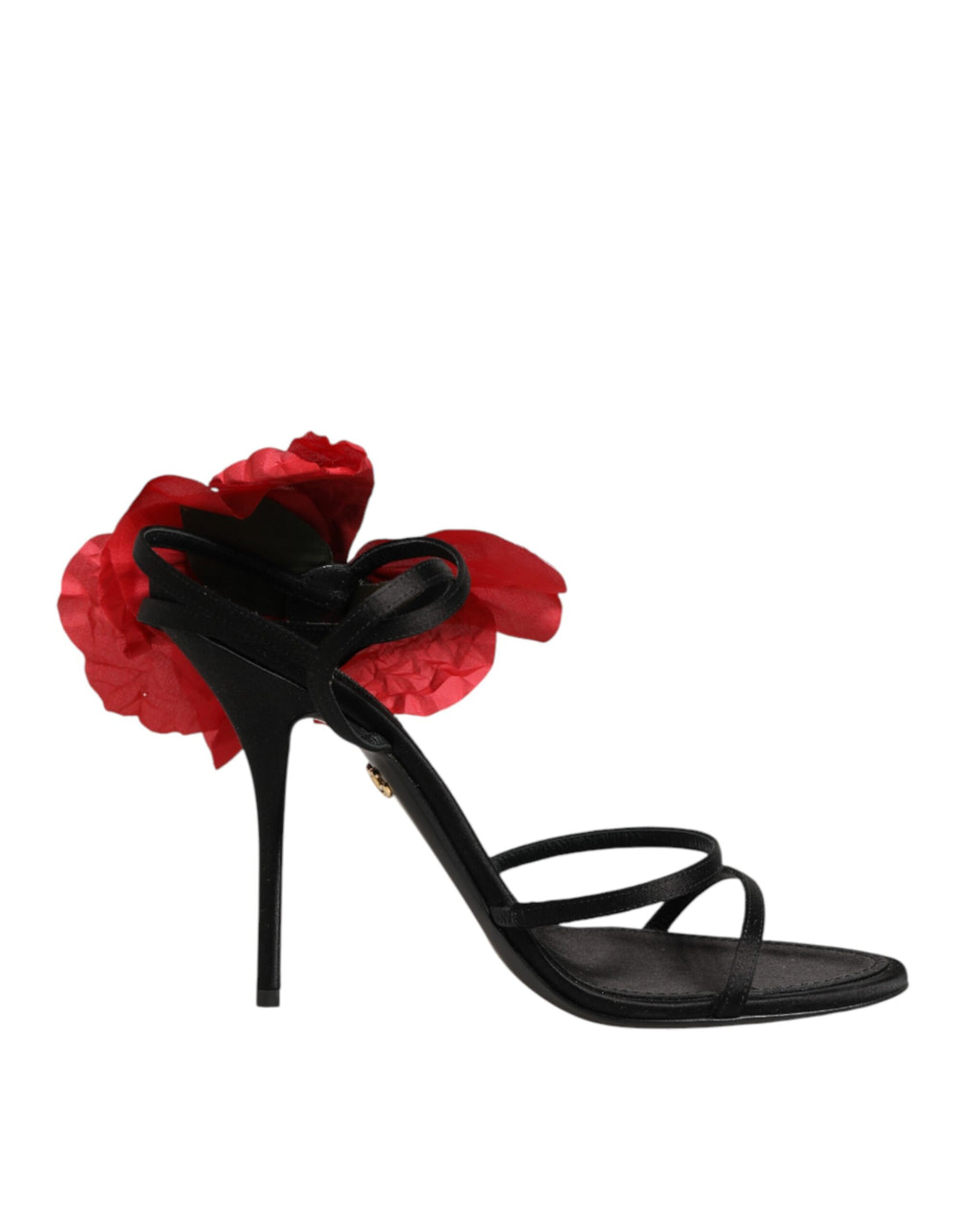 Dolce &amp; Gabbana Black Leather Strappy Flower Heels Sandals Shoes