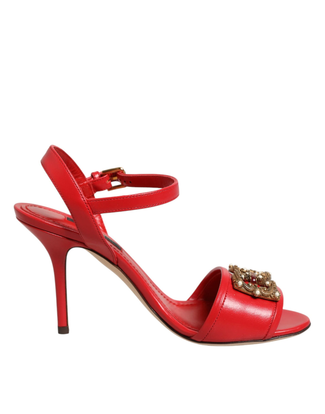 Dolce &amp; Gabbana Red Leather DG AMORE Heels Sandals Shoes