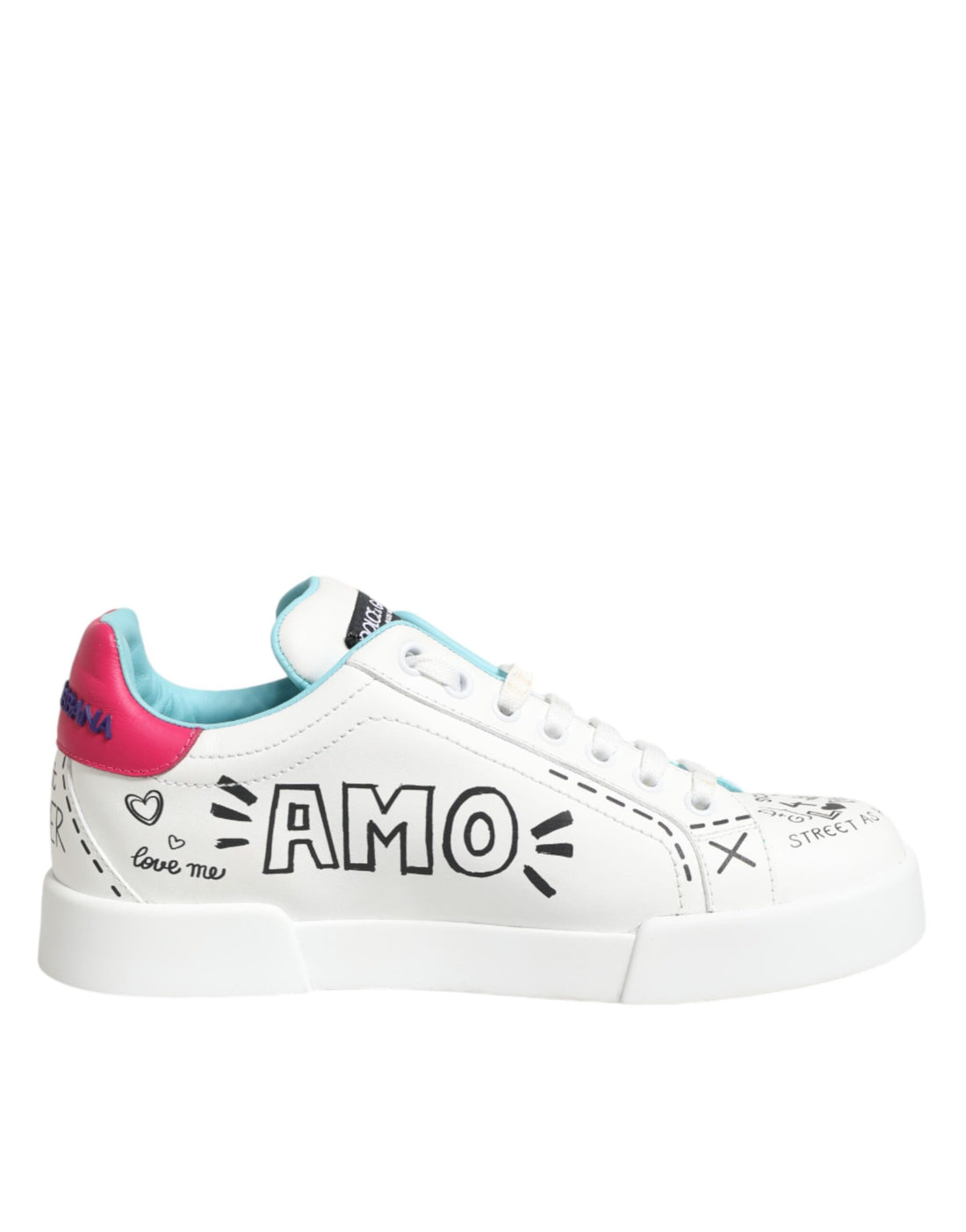 Dolce &amp; Gabbana White Leather Graffiti Low Top Sneakers Shoes