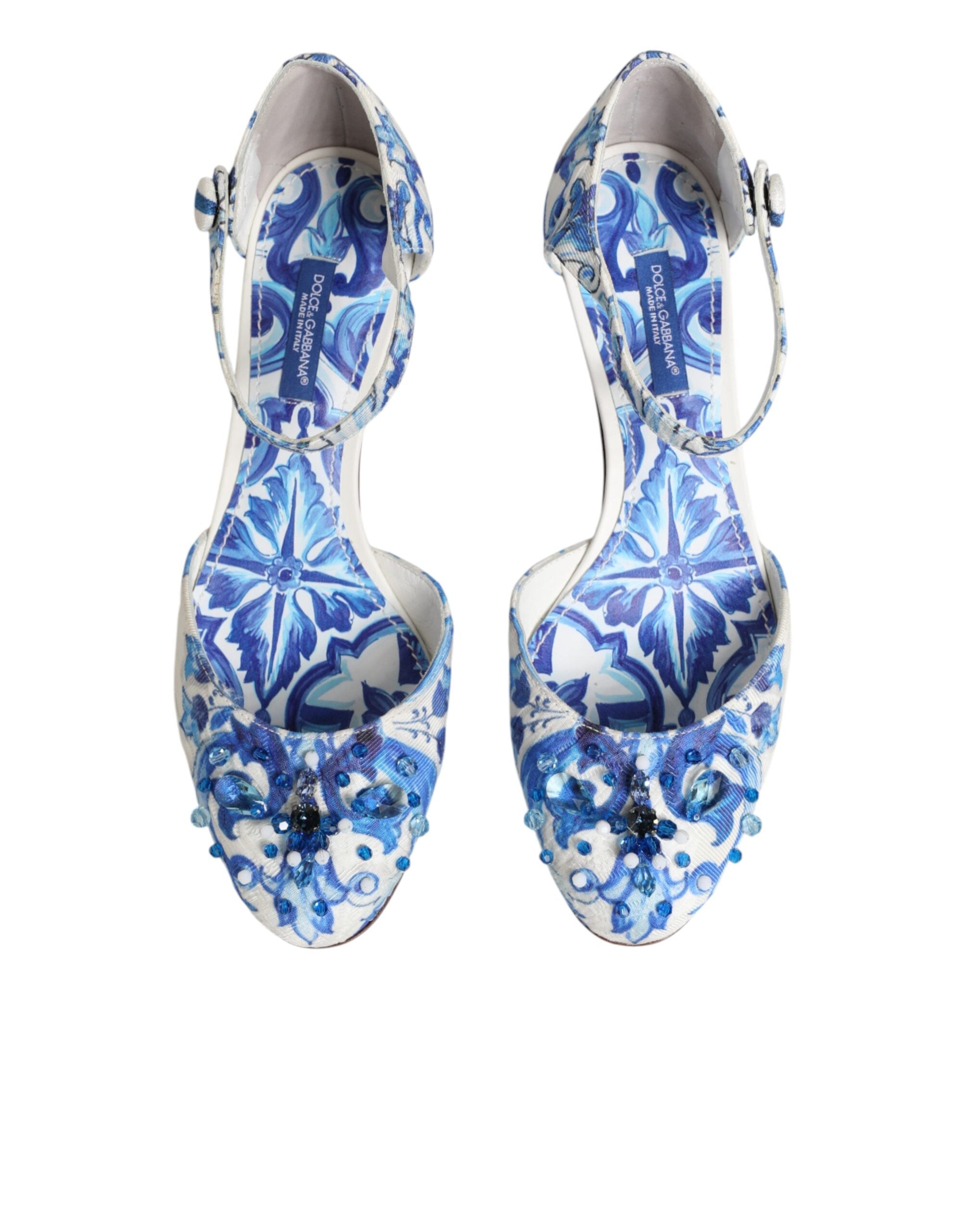 Dolce &amp; Gabbana White Blue Floral Crystal Ankle Straps Shoes