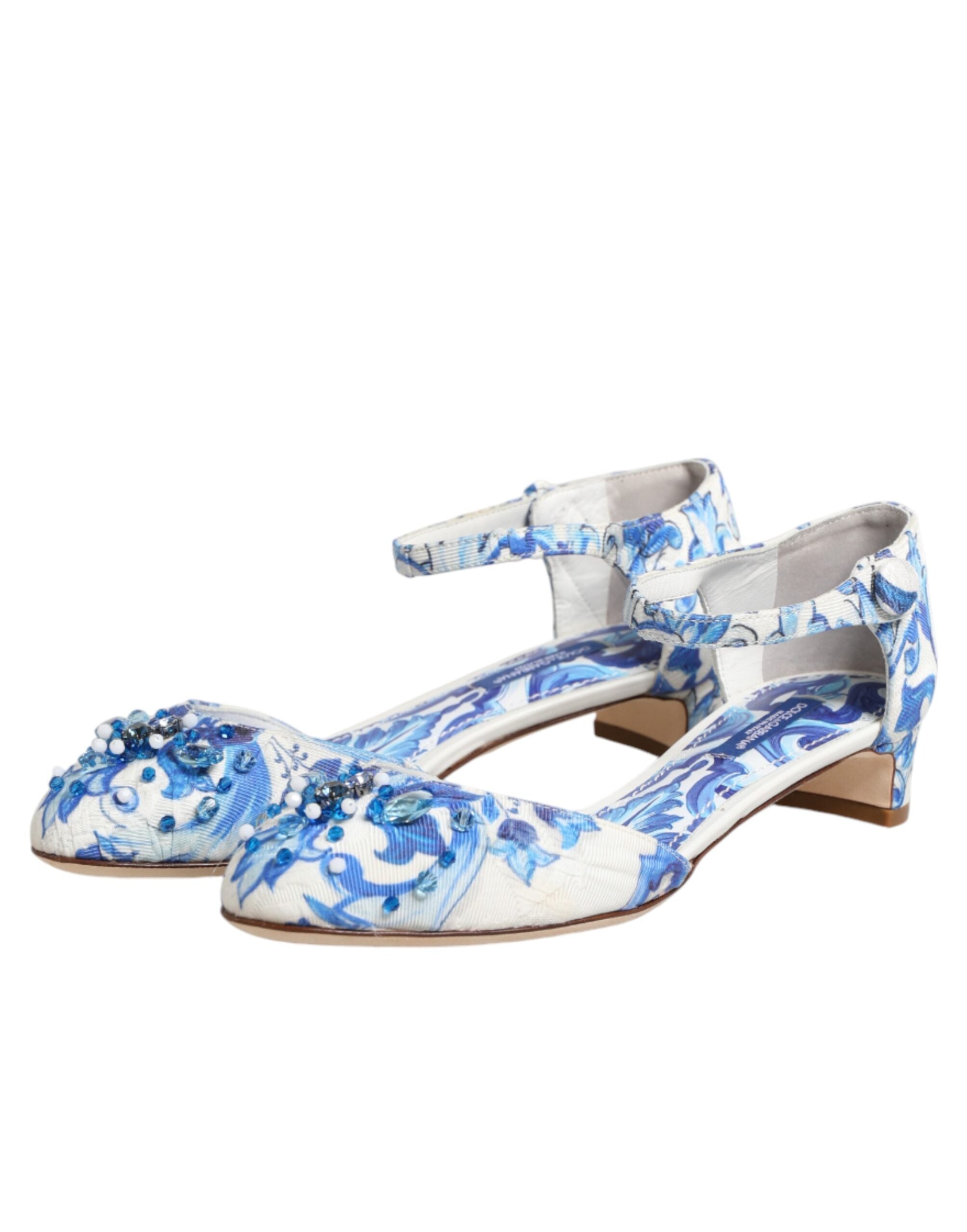 Dolce &amp; Gabbana White Blue Floral Crystal Ankle Straps Shoes