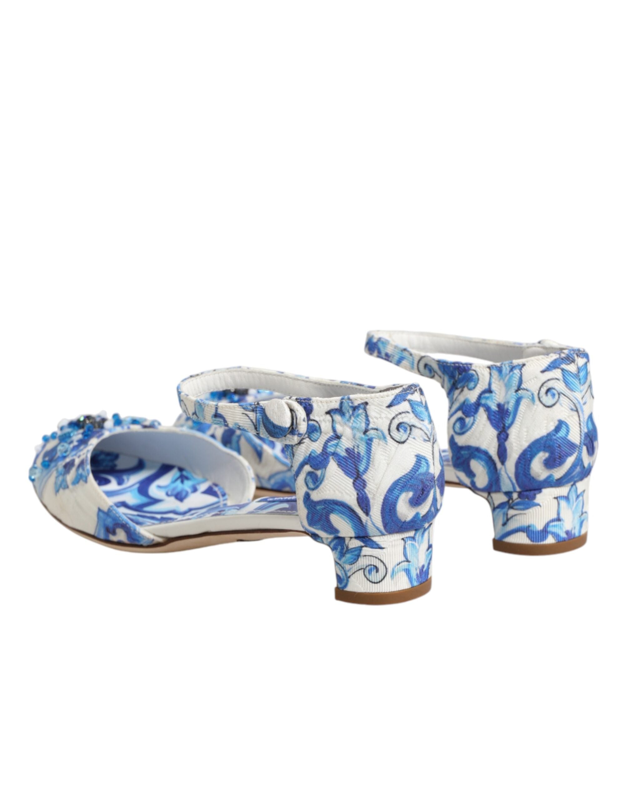 Dolce &amp; Gabbana White Blue Floral Crystal Ankle Straps Shoes