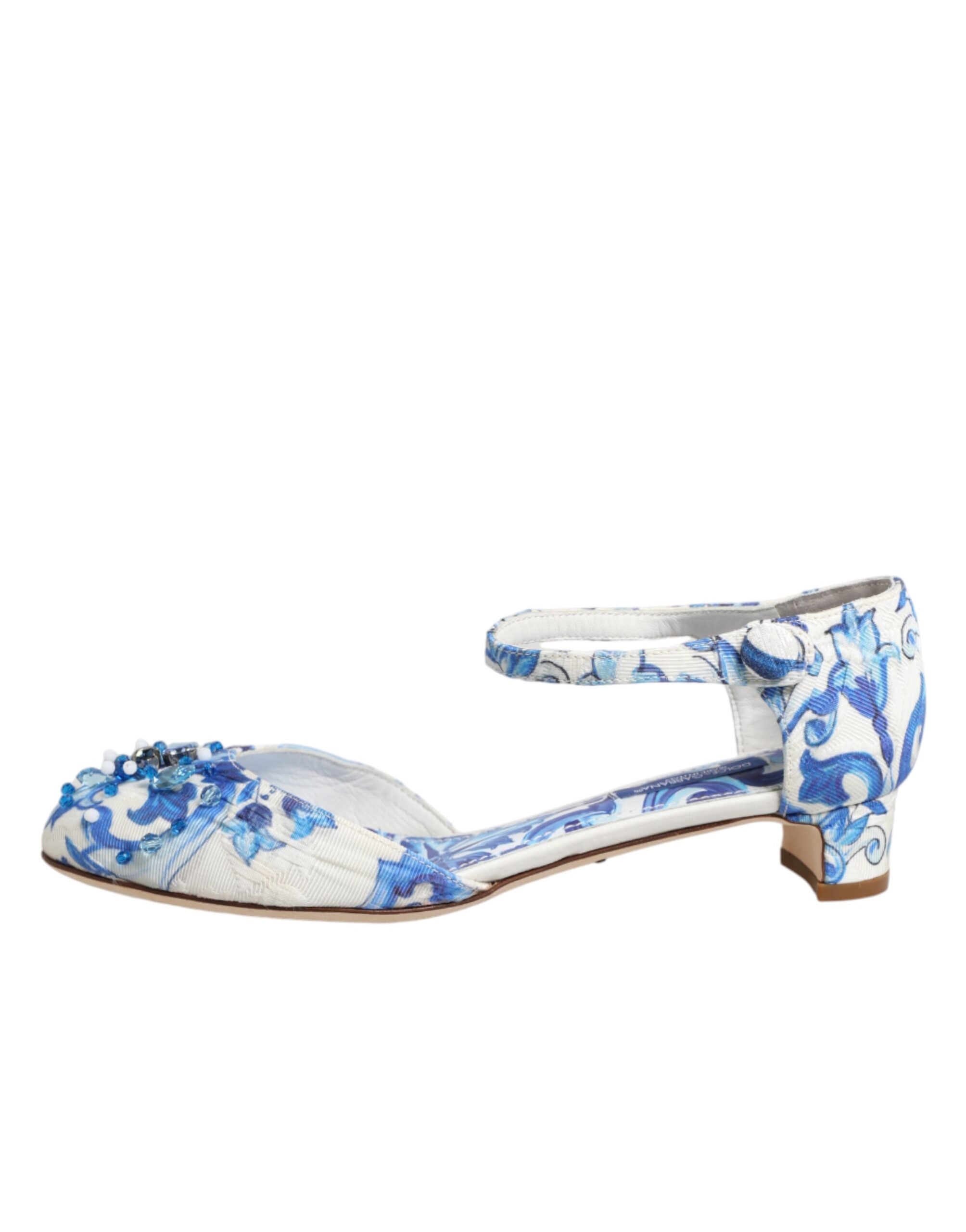 Dolce &amp; Gabbana White Blue Floral Crystal Ankle Straps Shoes