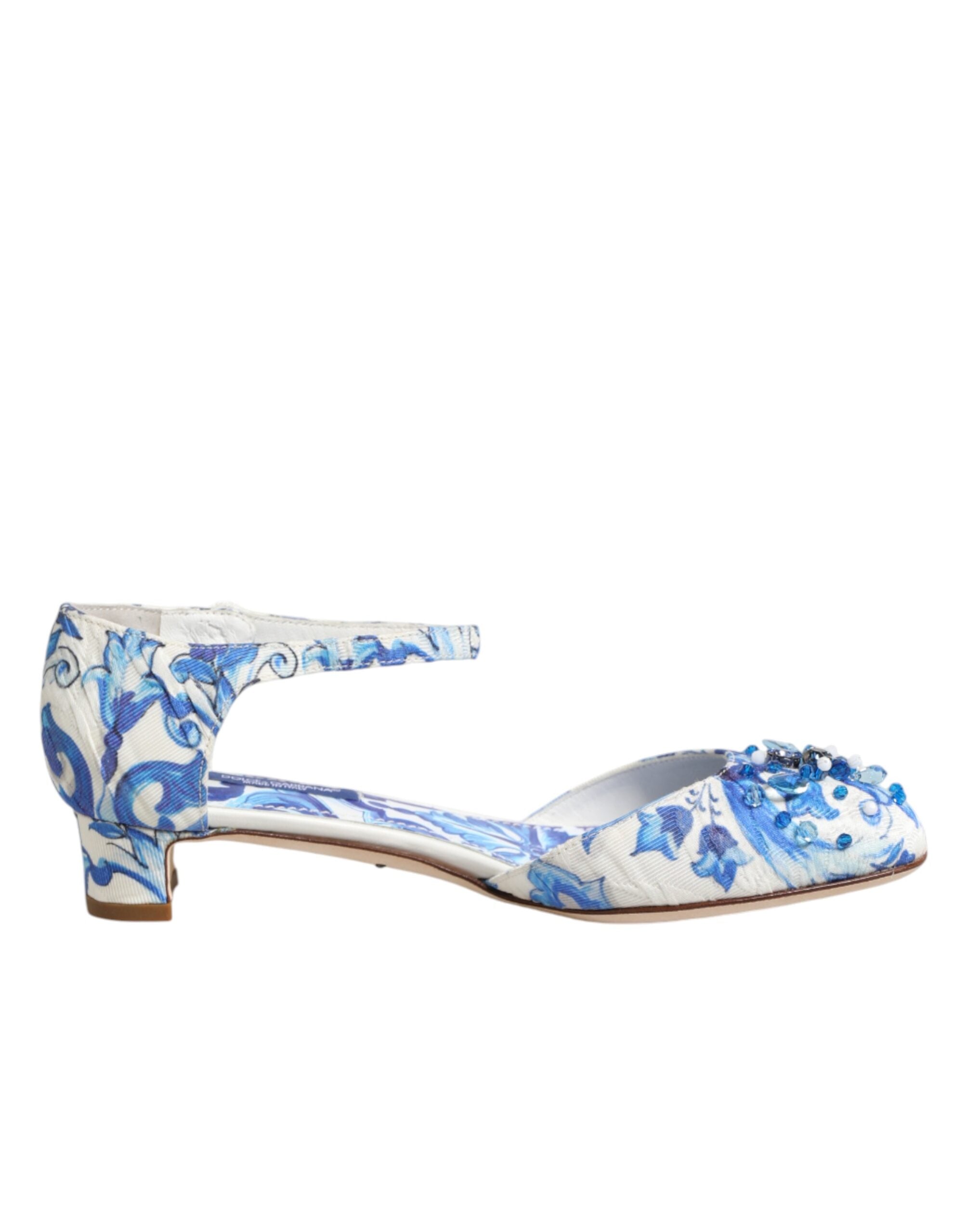 Dolce &amp; Gabbana White Blue Floral Crystal Ankle Straps Shoes