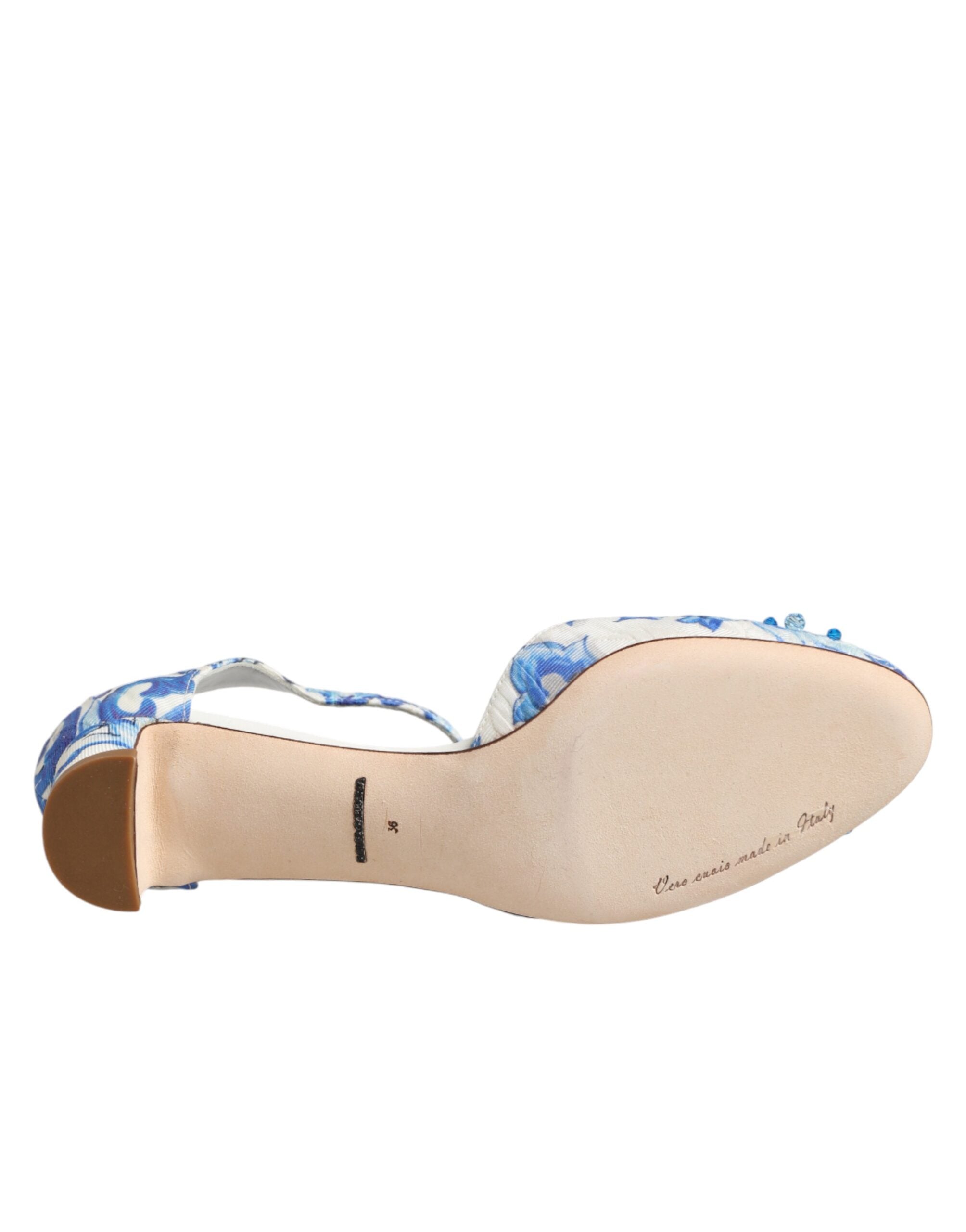 Dolce &amp; Gabbana White Blue Floral Crystal Ankle Straps Shoes