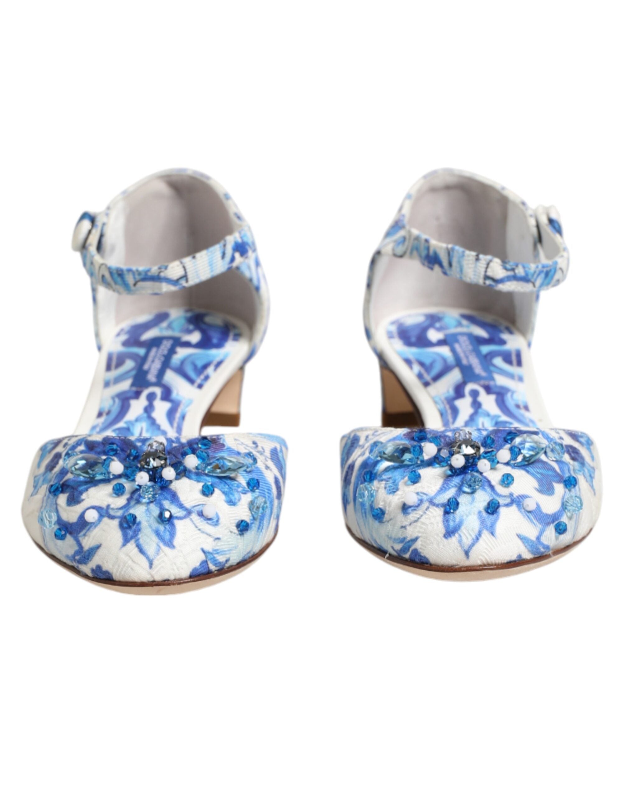 Dolce &amp; Gabbana White Blue Floral Crystal Ankle Straps Shoes