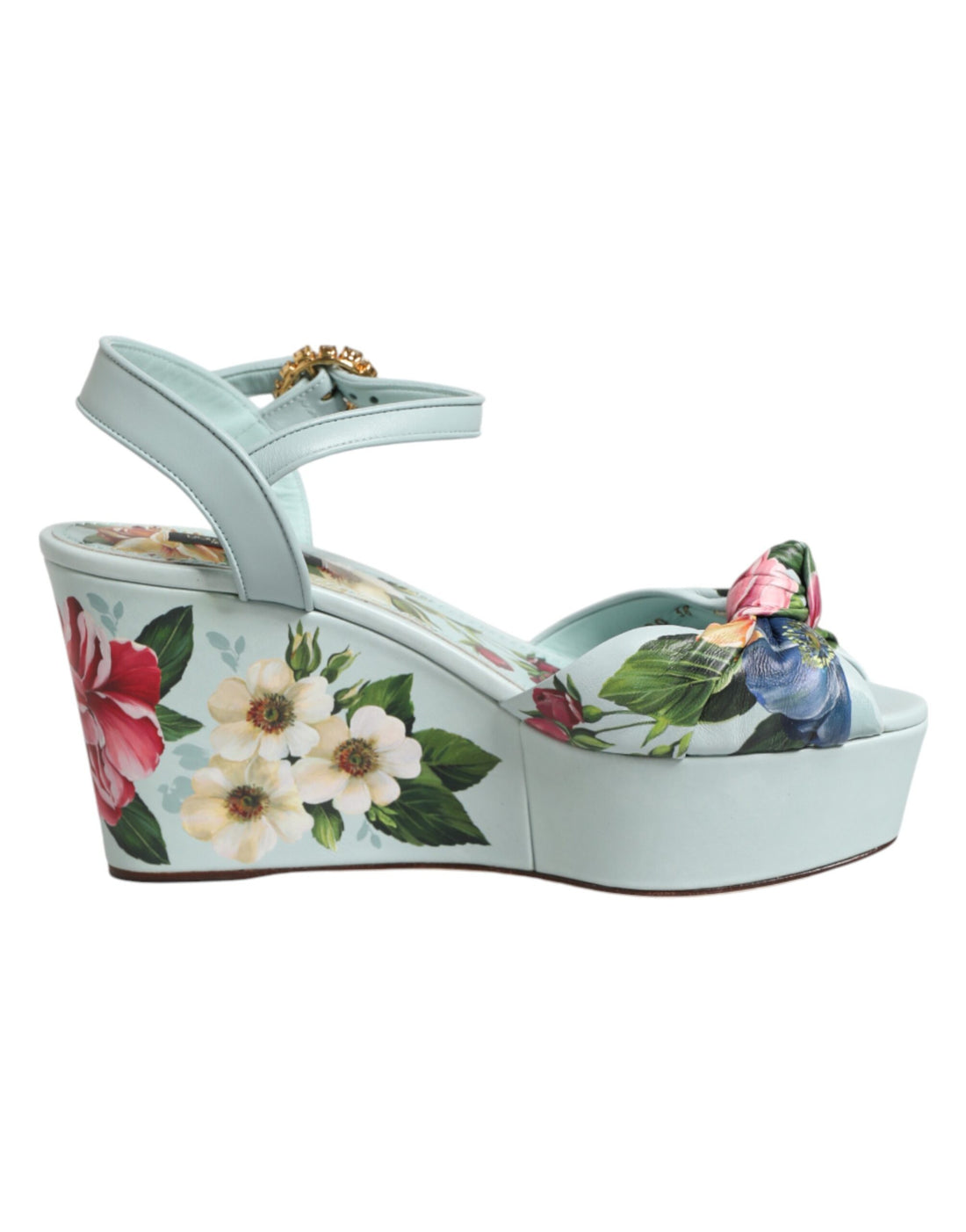 Dolce &amp; Gabbana Green Floral Ankle Strap Wedge Sandals Shoes