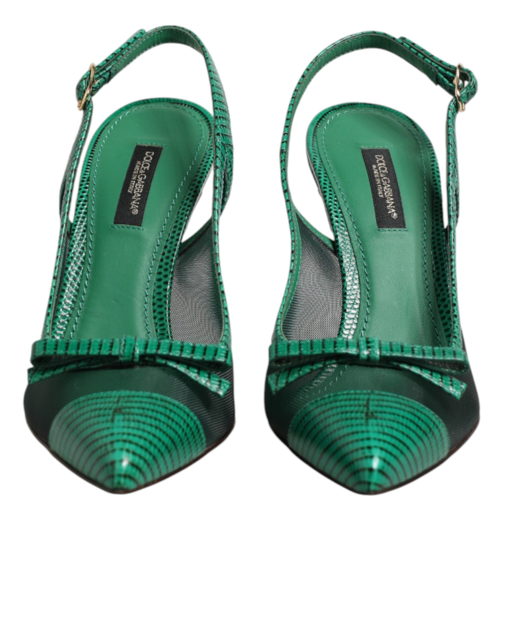 Dolce &amp; Gabbana Green Leather Mesh Heels Slingback Shoes