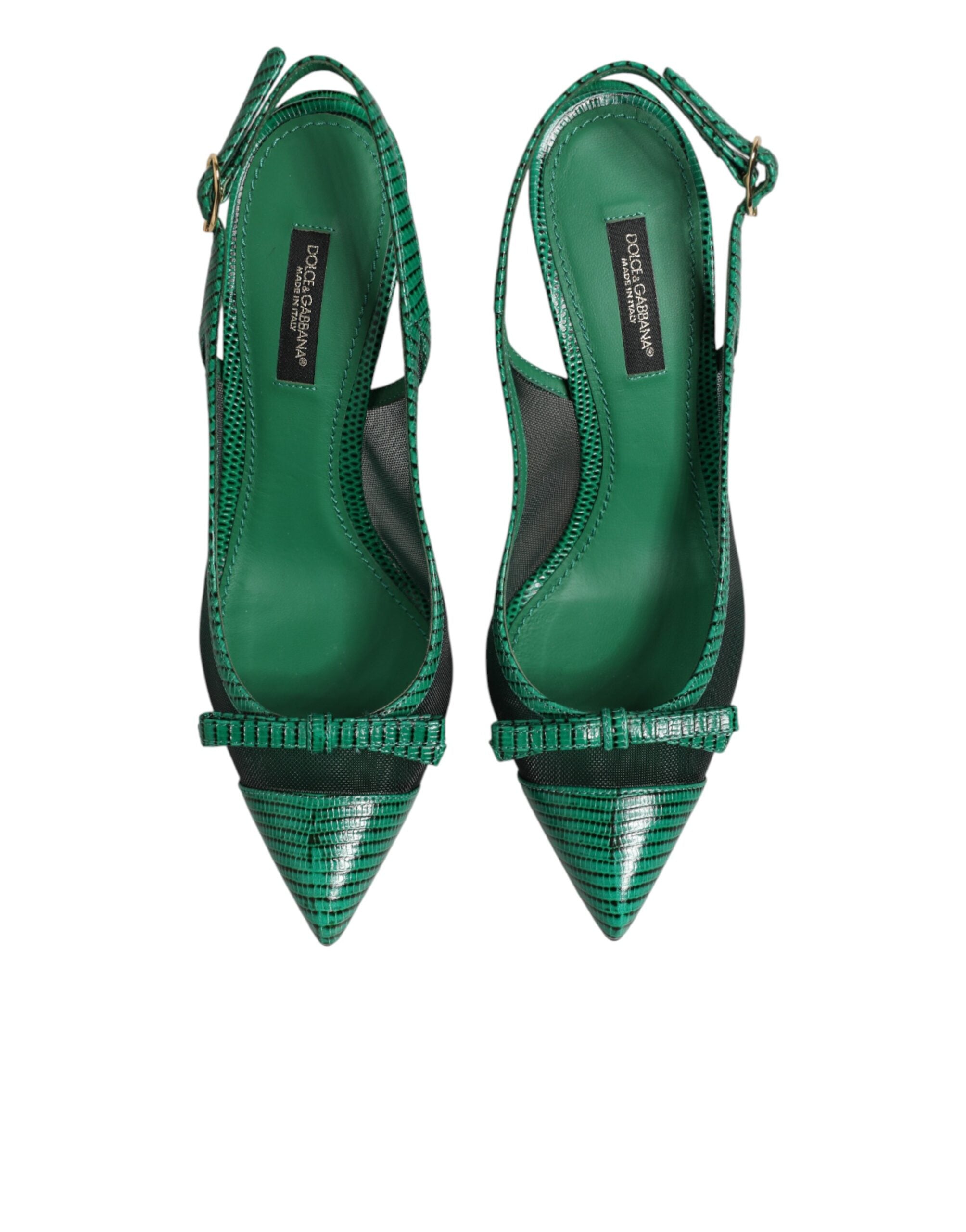 Dolce &amp; Gabbana Green Leather Mesh Heels Slingback Shoes