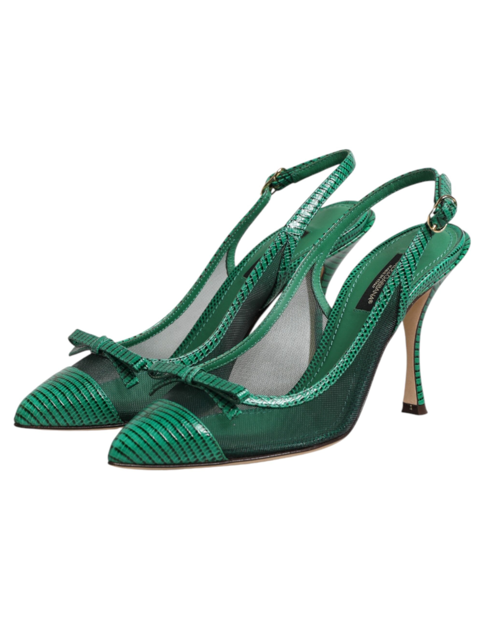Dolce &amp; Gabbana Green Leather Mesh Heels Slingback Shoes