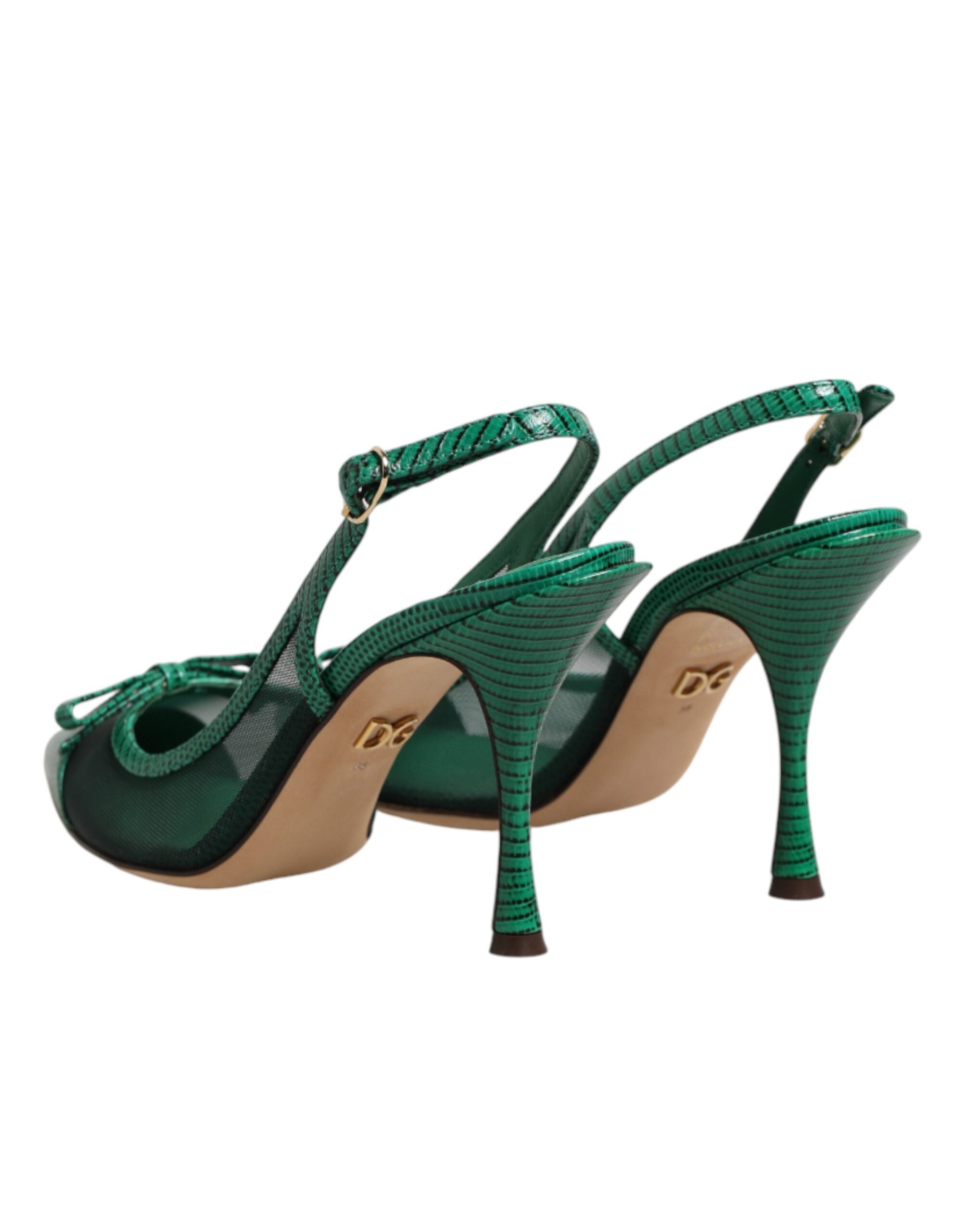 Dolce &amp; Gabbana Green Leather Mesh Heels Slingback Shoes