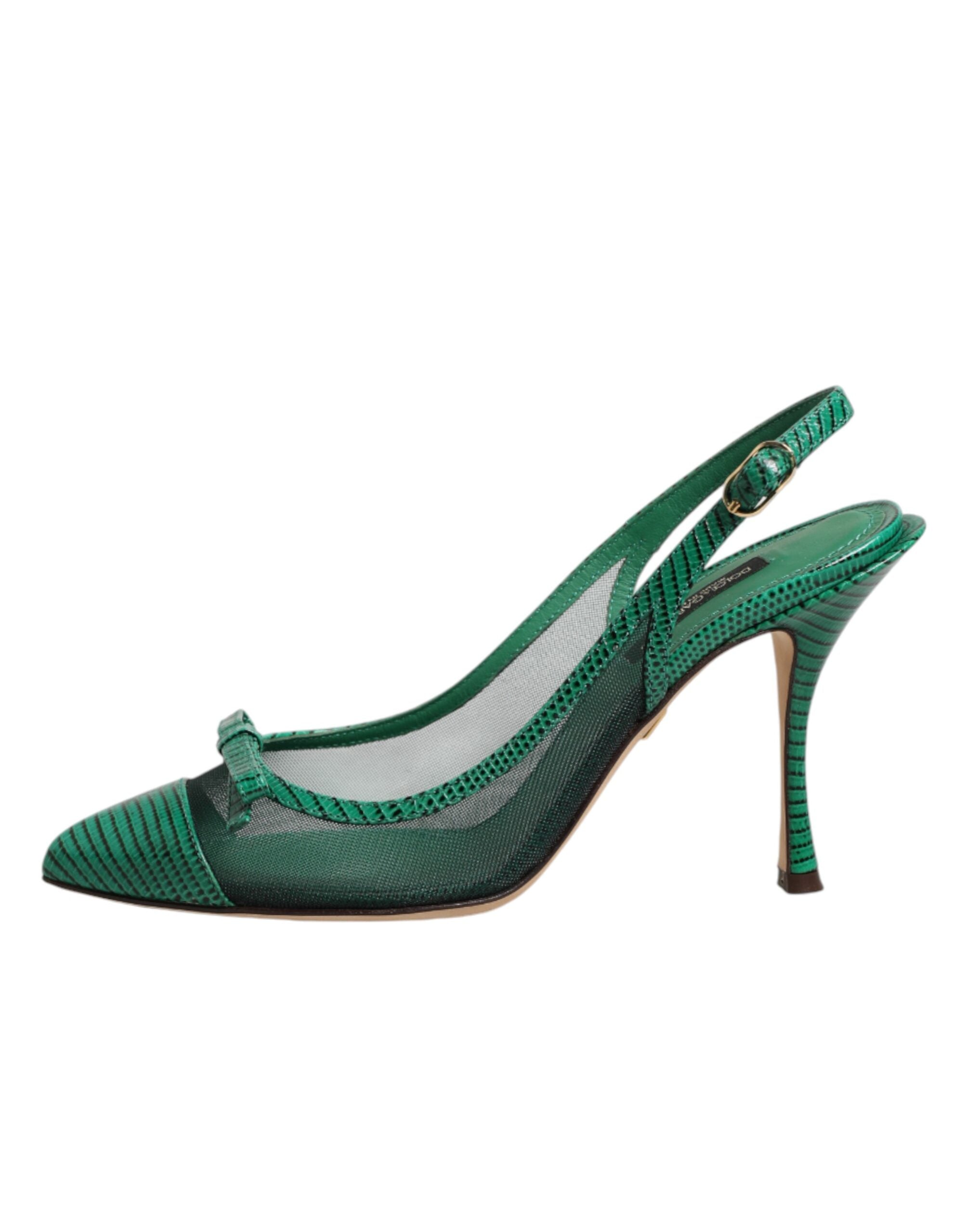 Dolce &amp; Gabbana Green Leather Mesh Heels Slingback Shoes