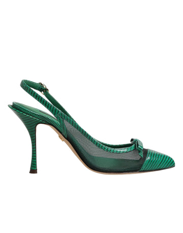 Dolce &amp; Gabbana Green Leather Mesh Heels Slingback Shoes