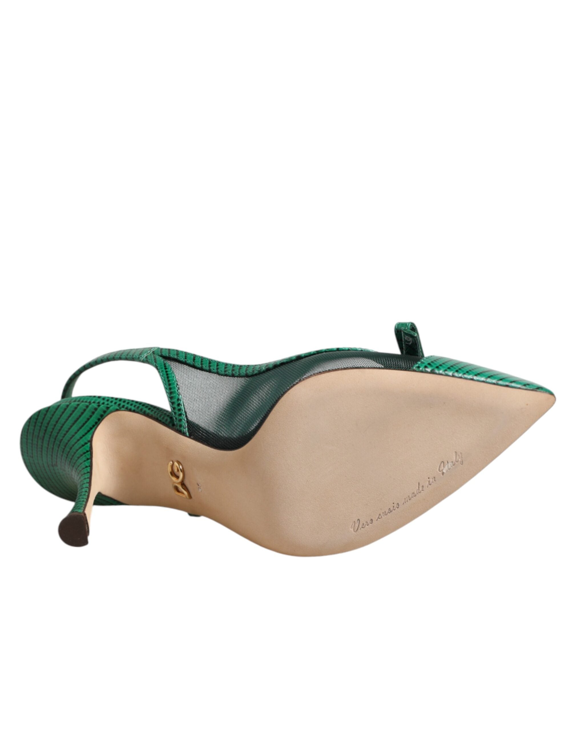 Dolce &amp; Gabbana Green Leather Mesh Heels Slingback Shoes