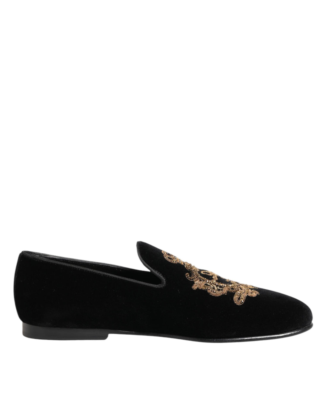 Dolce &amp; Gabbana Black Velvet Gold Crown Mens Loafers Shoes
