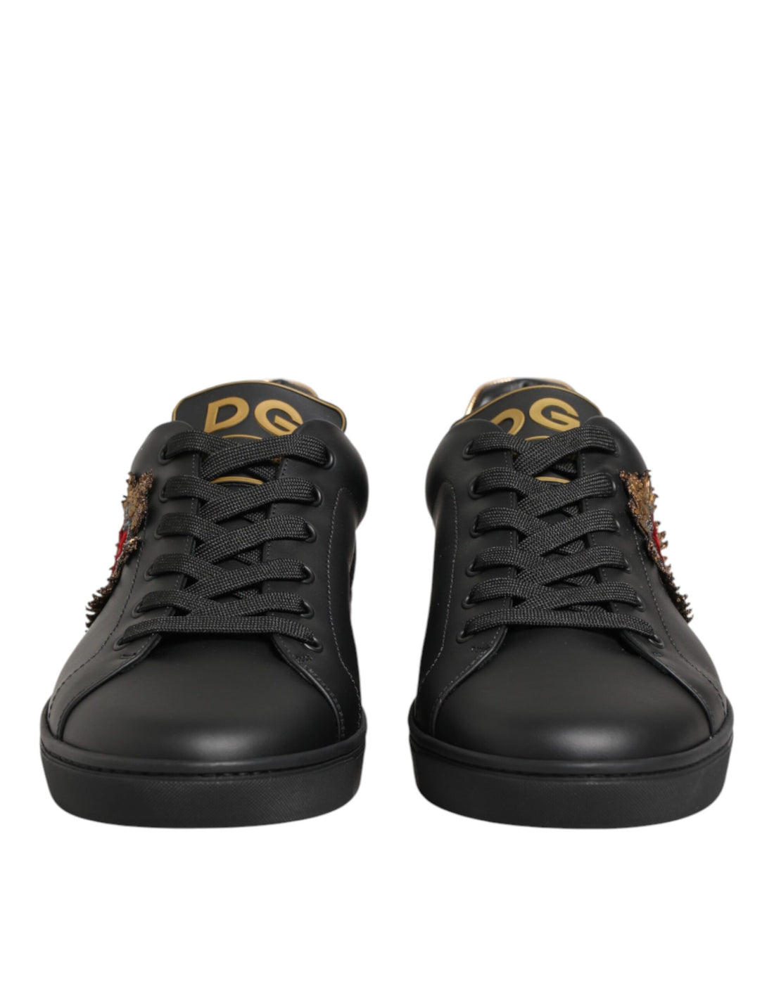 Dolce &amp; Gabbana Black Leather Heart Embellished Sneakers Shoes