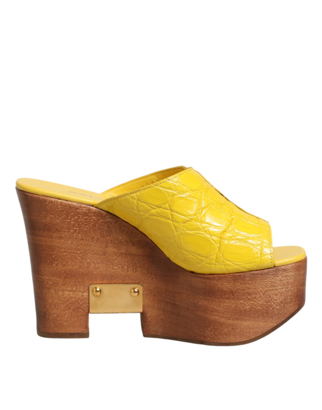 Dolce &amp; Gabbana Yellow Leather Wood Mule Wedge Slides Shoes